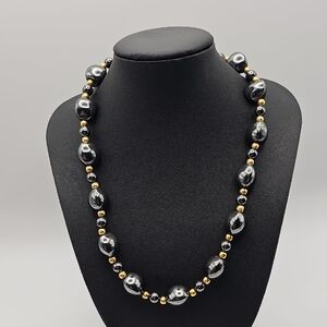 Elegant Vintage Hematite Black and Gold Tone Beaded Necklace - 16 Inch